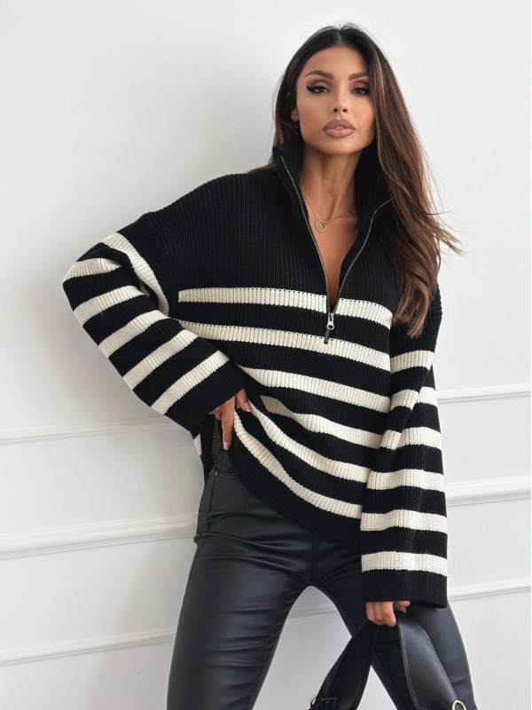 Sweter ZIPPER black/creamy strips