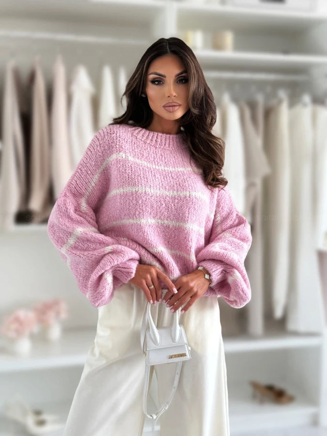 sweter-w-paski-carliss-pink-z-domieszka-weny